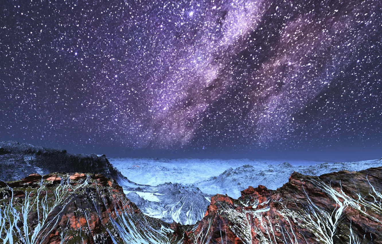Photo wallpaper snow, mountains, night