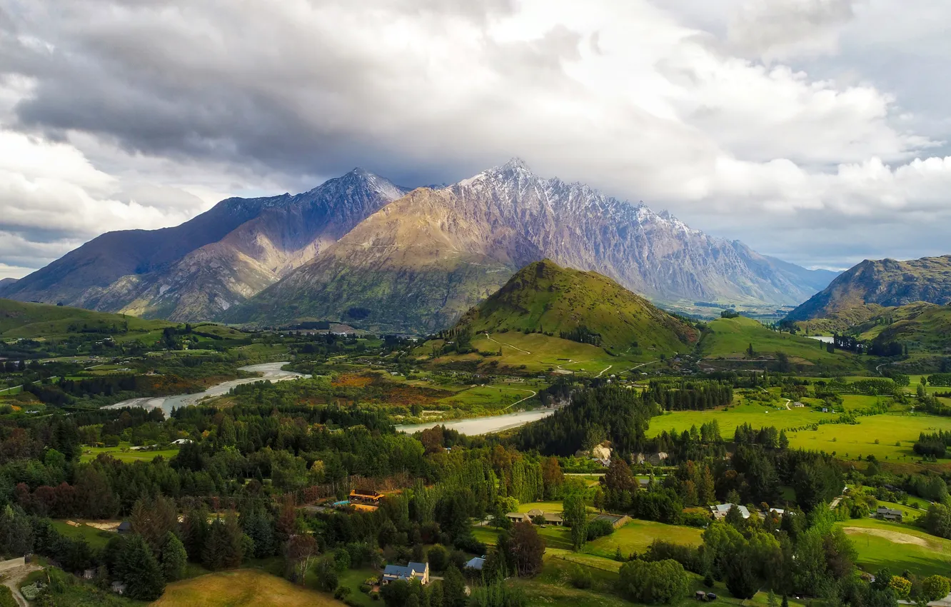 Photo wallpaper clouds, trees, mountains, river, field, valley, New Zealand, panorama