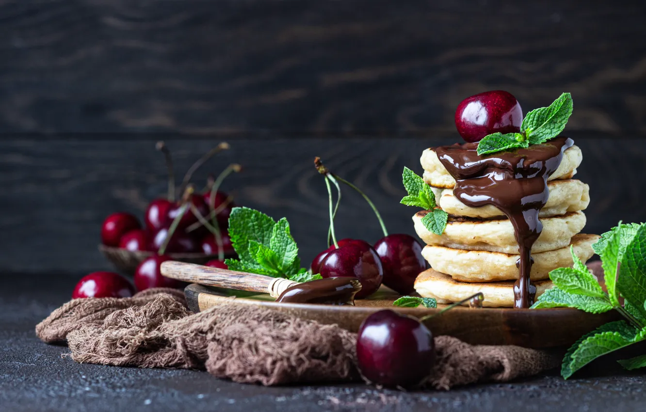 Photo wallpaper cherry, chocolate, pancakes