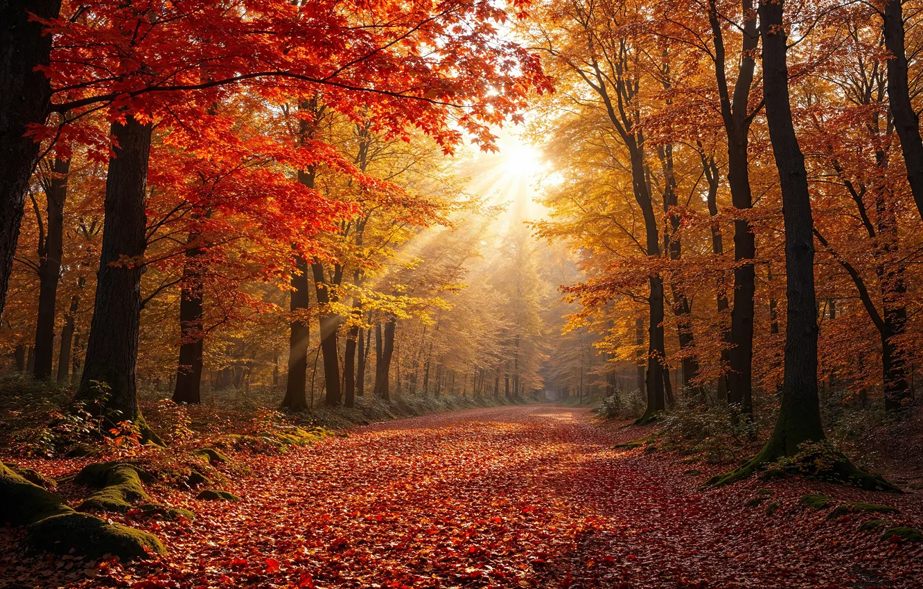 Photo wallpaper road, autumn, forest, the sun, rays, light, trees, branches
