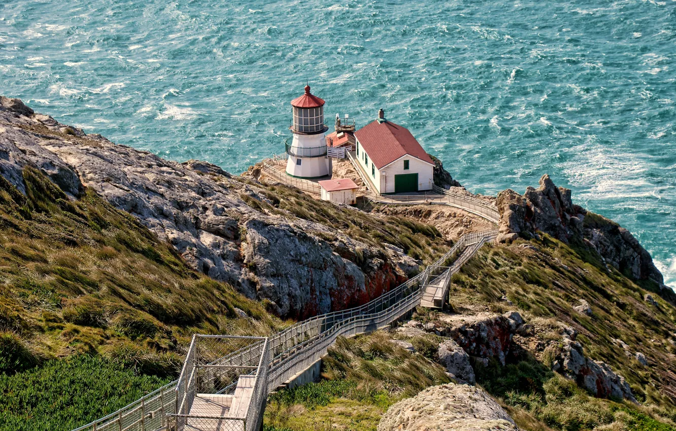 Photo wallpaper Sea, Rocks, Lighthouse, Ladder, Landscape