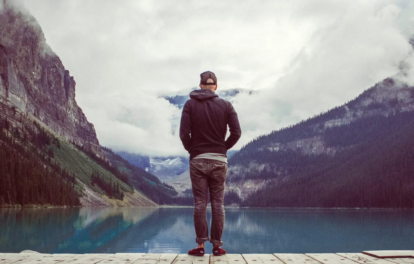 Photo wallpaper mountains, clouds, lake, man, pier