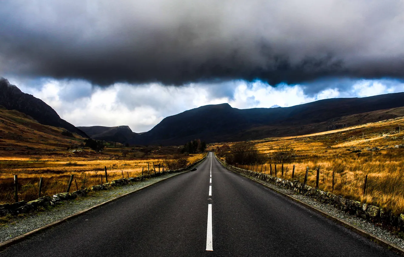 Photo wallpaper storm, road, mountains, clouds, Valley
