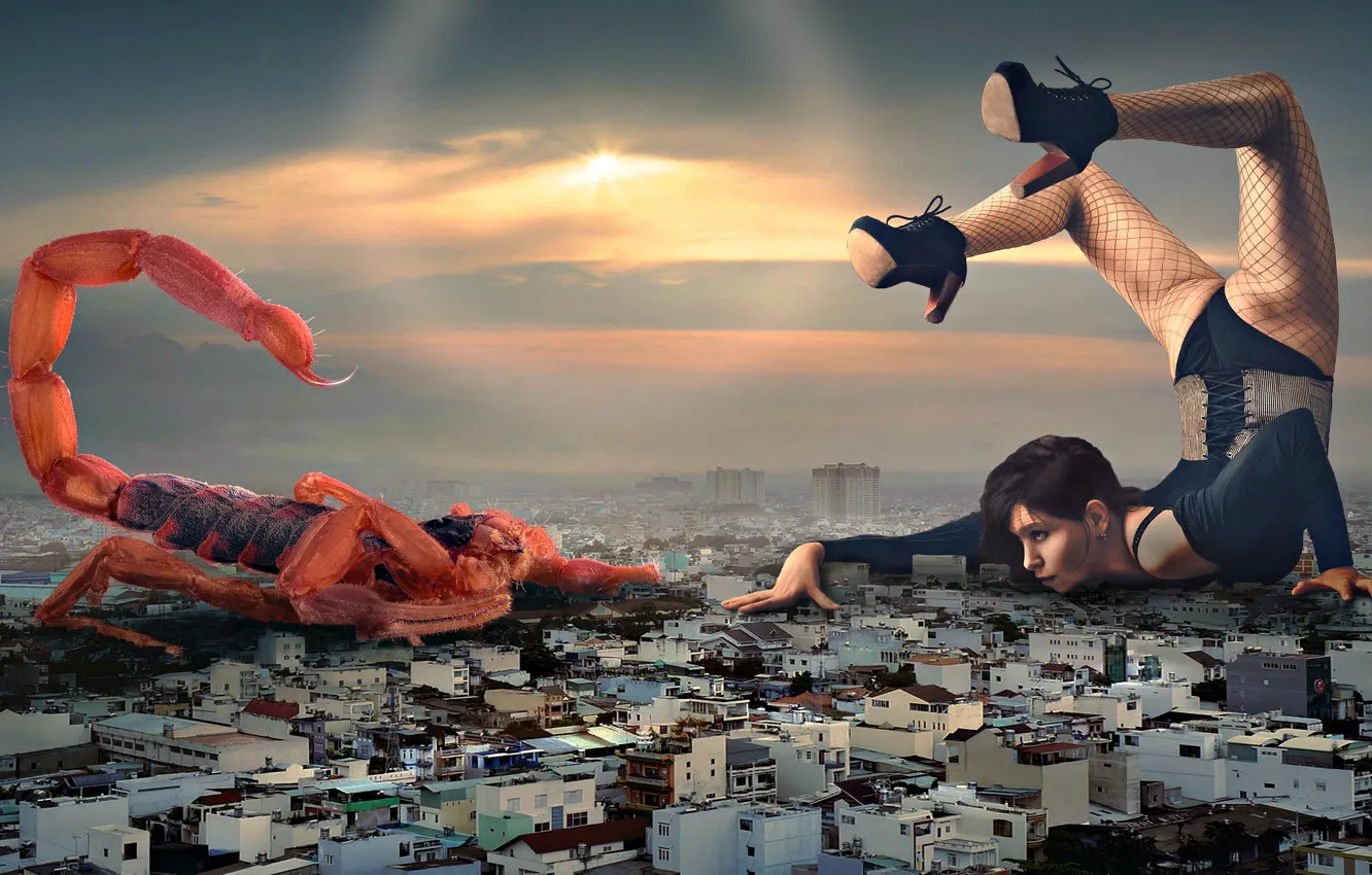 Photo wallpaper city, girl, fight, Scorpion, battle