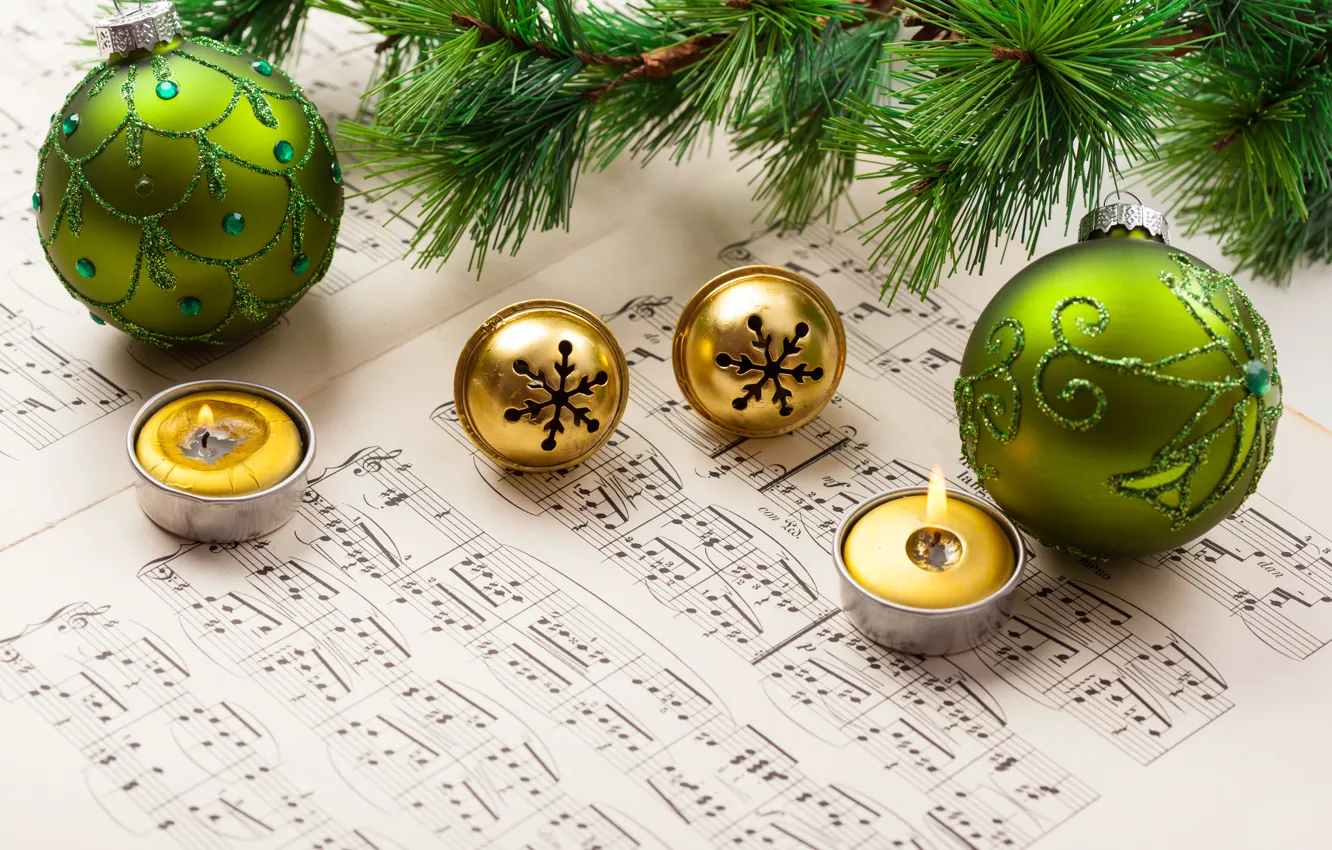 Photo wallpaper winter, balls, branches, green, notes, holiday, balls, pattern