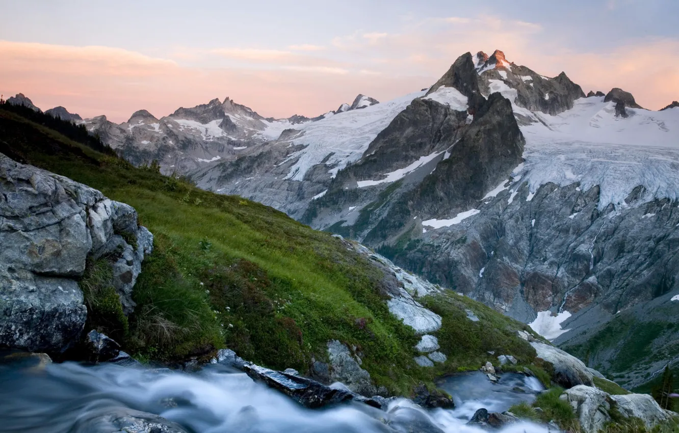 Photo wallpaper grass, mountains, Washington