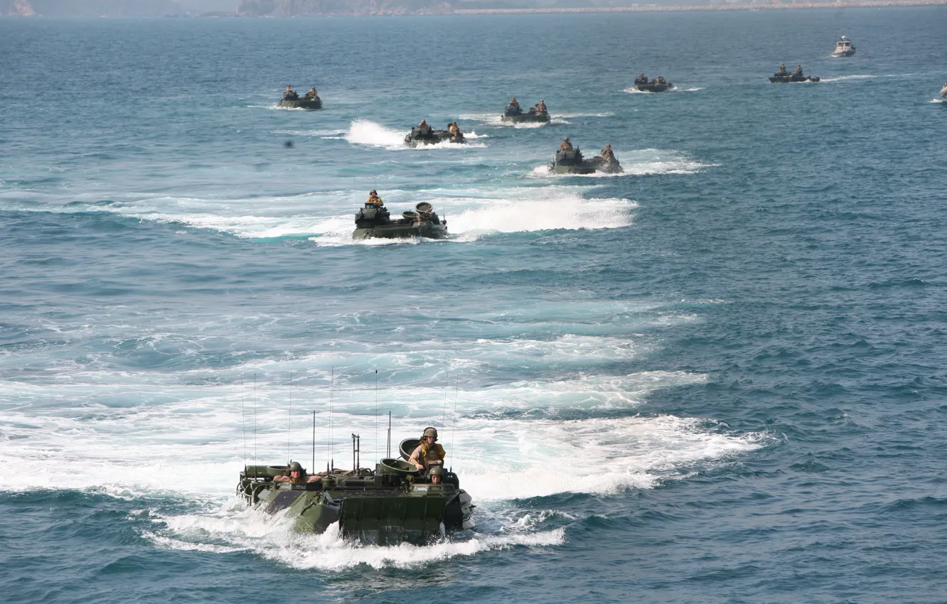 Photo wallpaper beach, training, amphibious vehicle, amphibious, dressage, armored vehicles, amphibious landing, sea soldiers