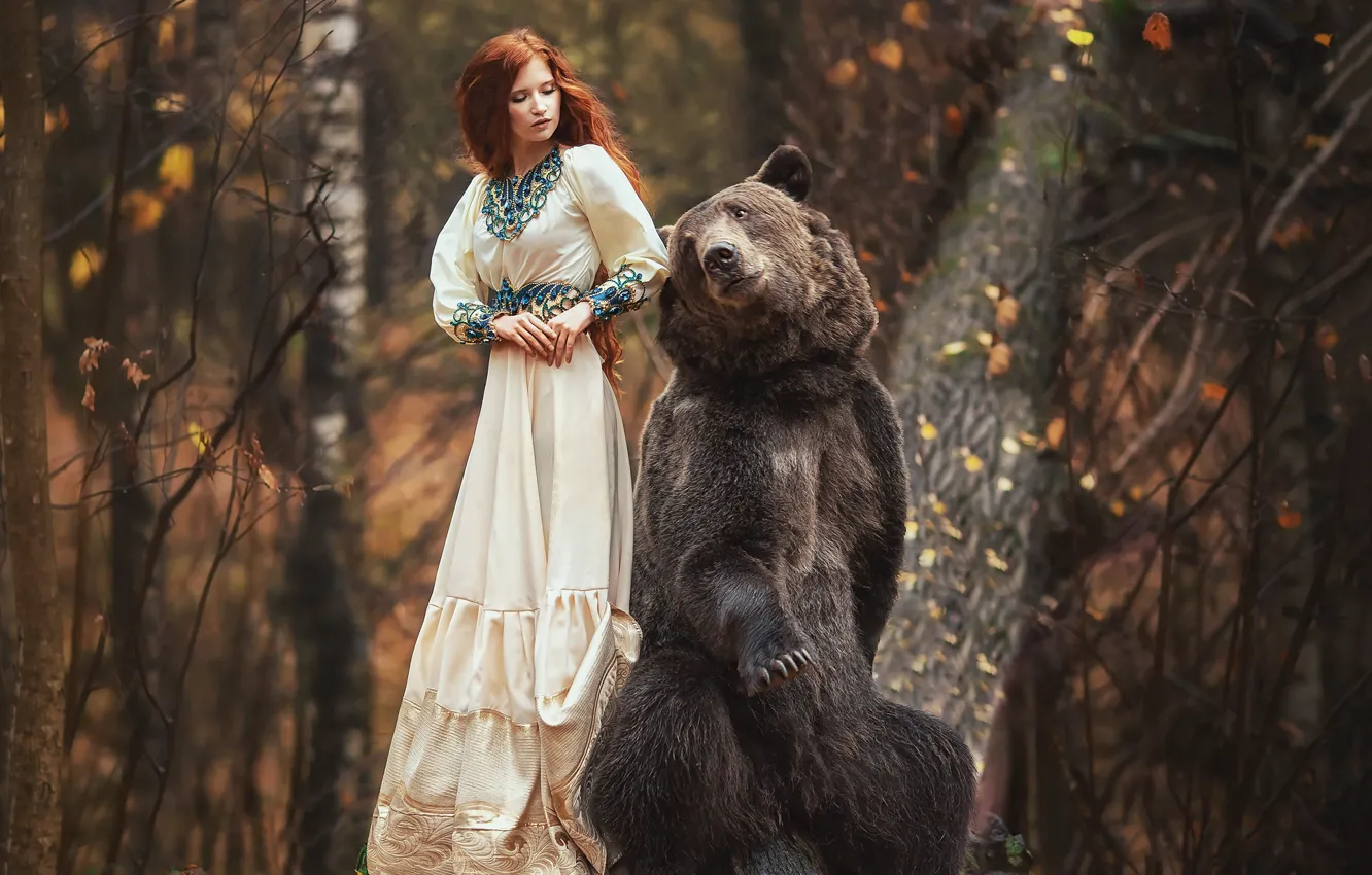 Photo wallpaper autumn, forest, girl, pose, dress, bear, red, redhead