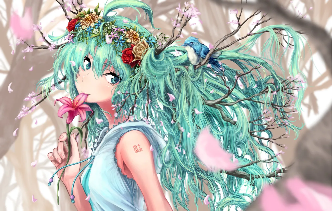 Photo wallpaper girl, flowers, branch, bird, anime, art, tattoo, vocaloid