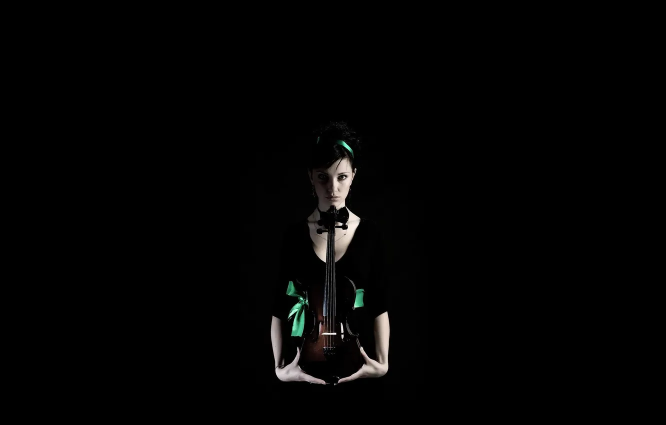 Photo wallpaper green, music, background, butterfly, black, violin, hands, brunette