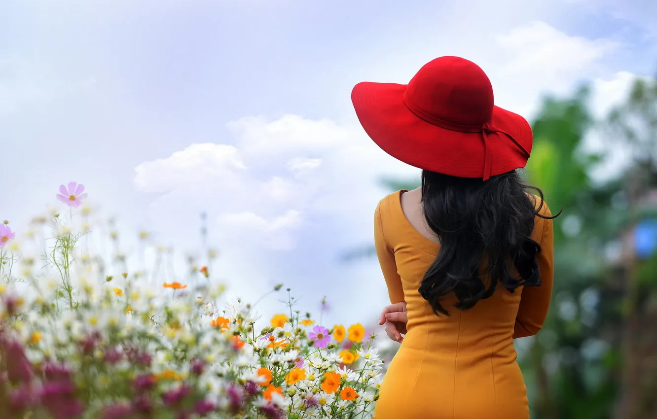 Photo wallpaper girl, flowers, hat