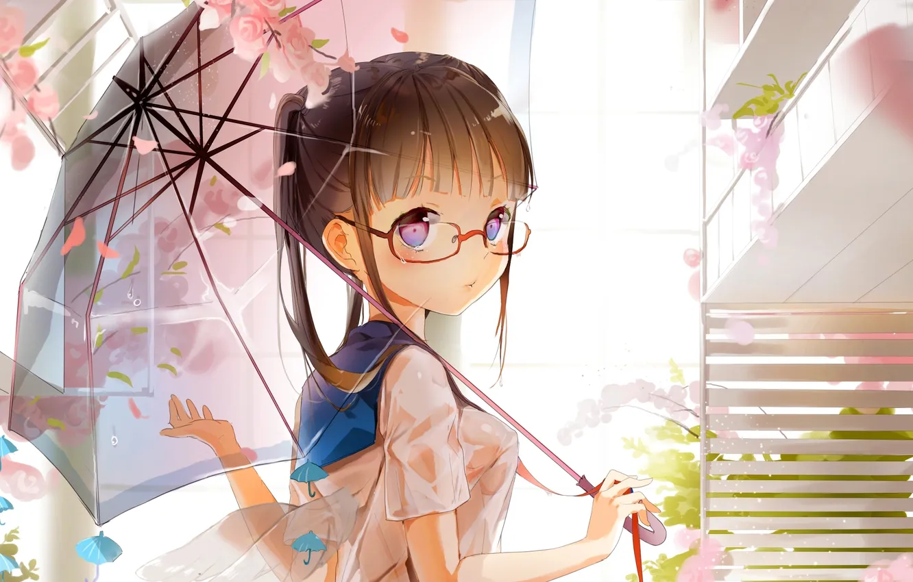 Photo wallpaper girl, flowers, umbrella, wings, glasses