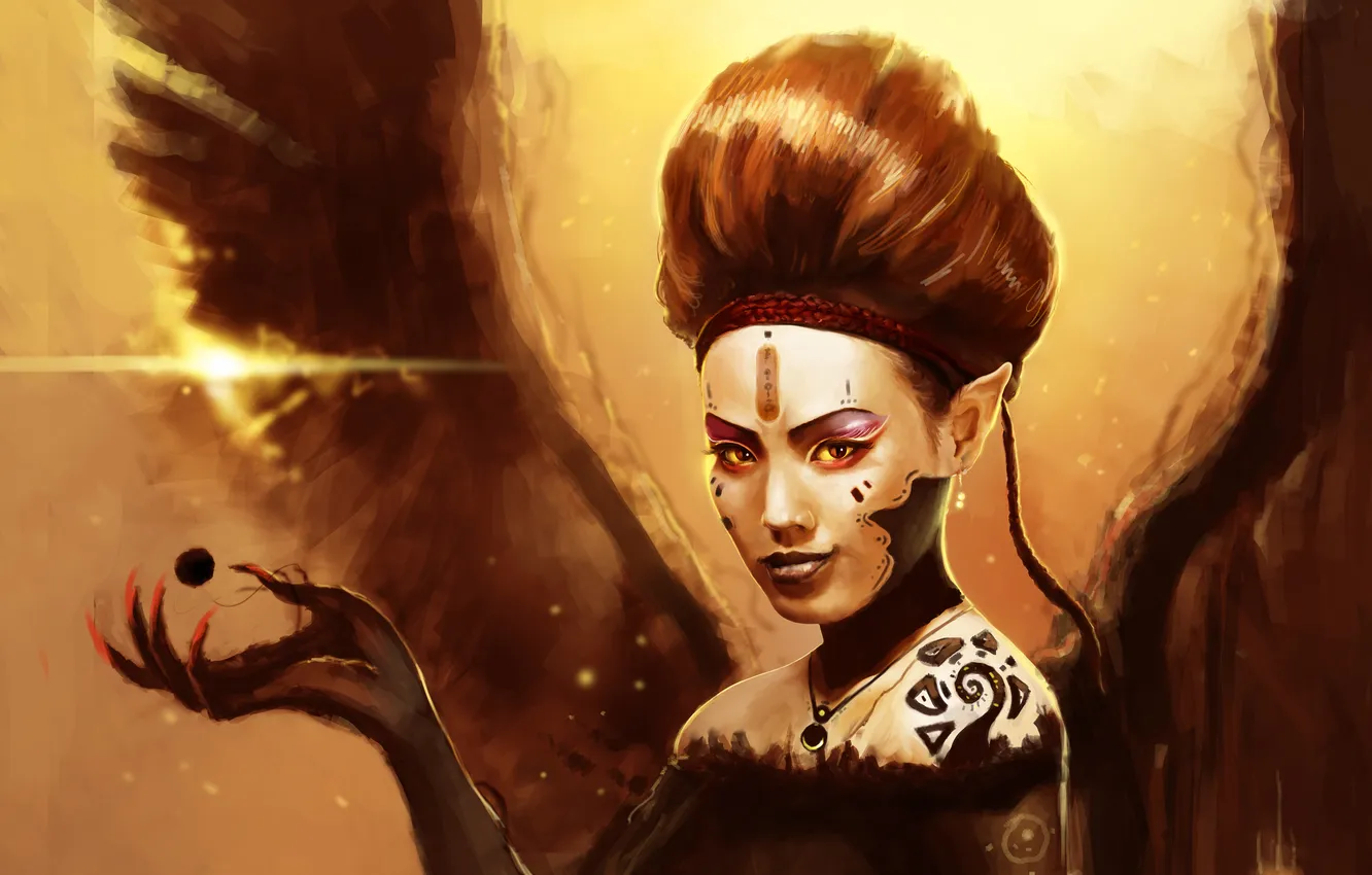 Photo wallpaper look, girl, face, wings, hands, makeup, the demon, hairstyle