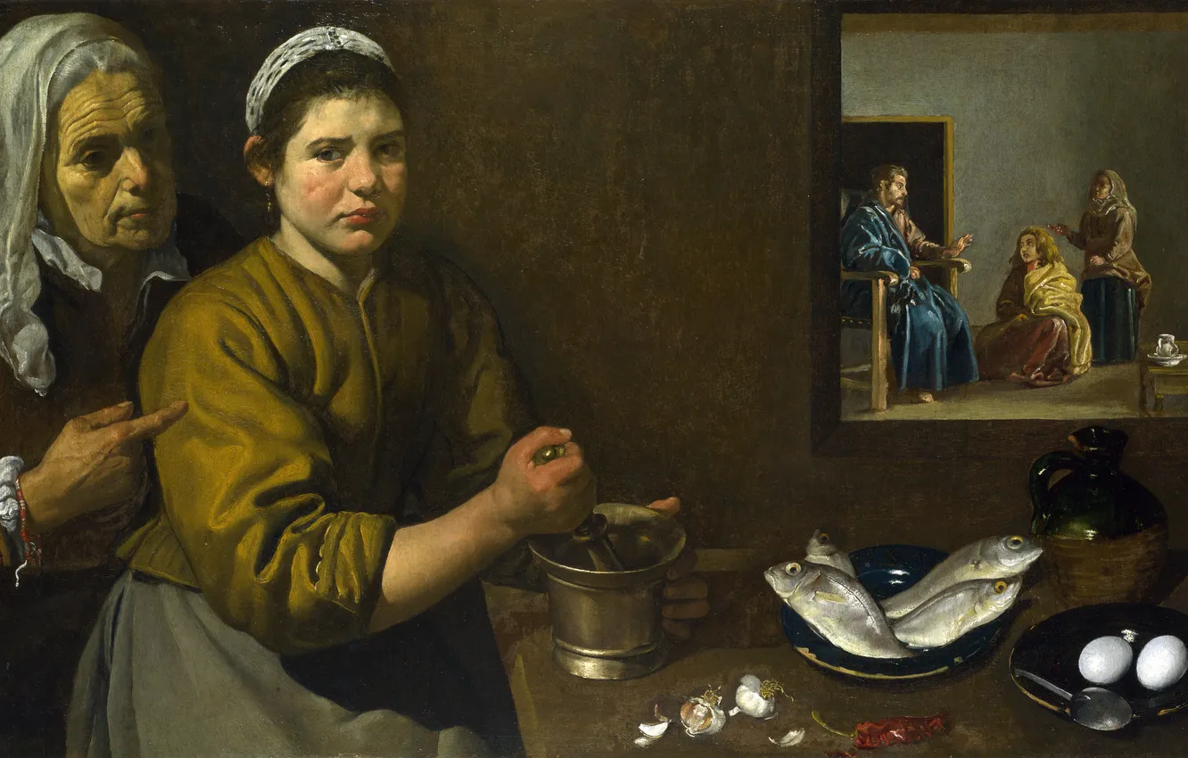 Photo wallpaper picture, genre, mythology, Christ in the House of Martha and Mary, Diego Velazquez