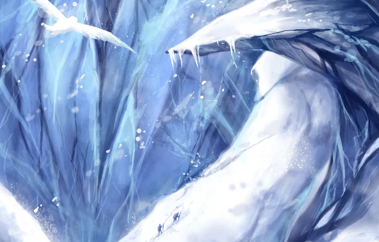 Photo wallpaper snow, mountains, owl, people, Blizzard