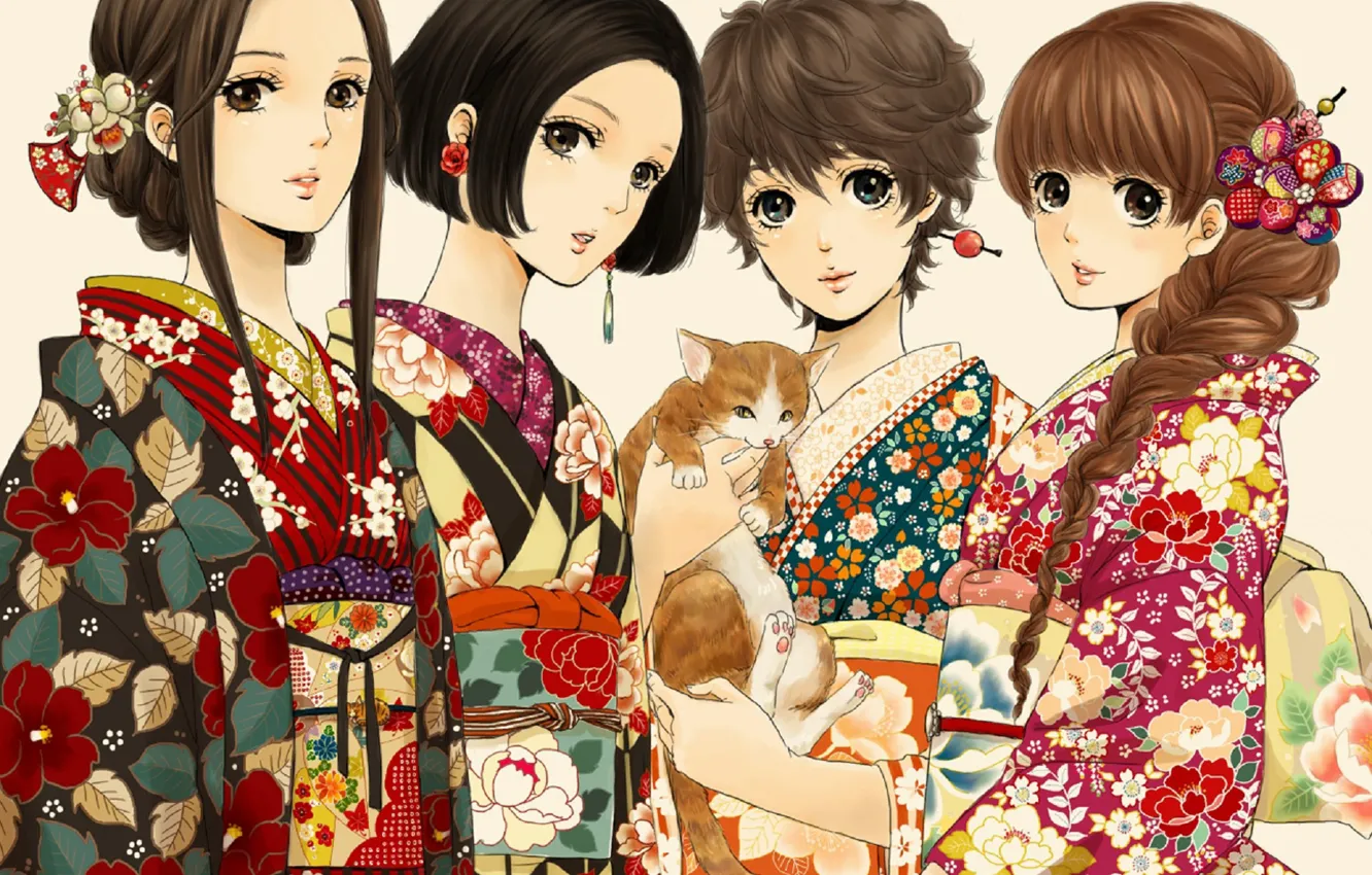 Photo wallpaper flowers, girls, kimono, kitty, Four