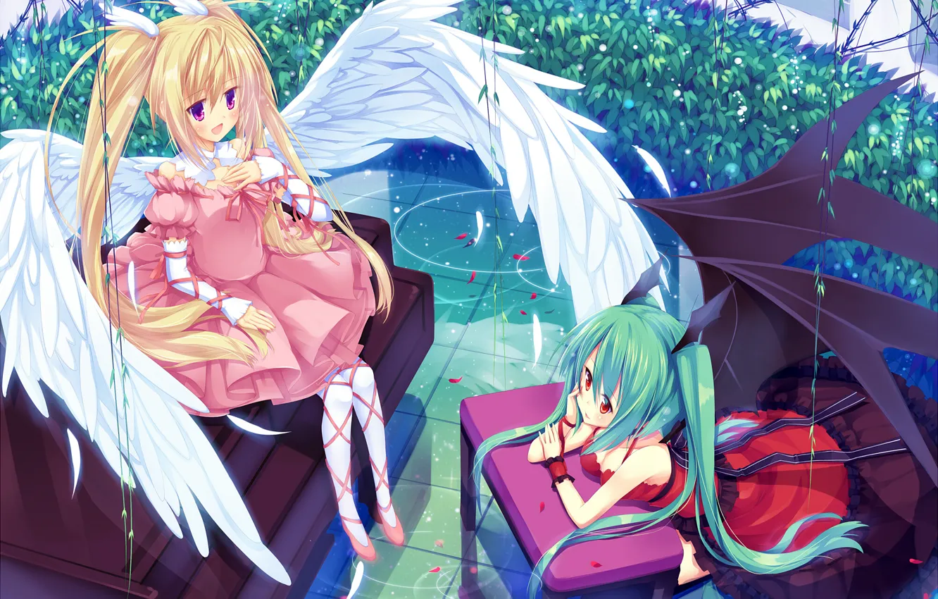 Photo wallpaper water, plant, wings, angel, feathers, the demon, two girls