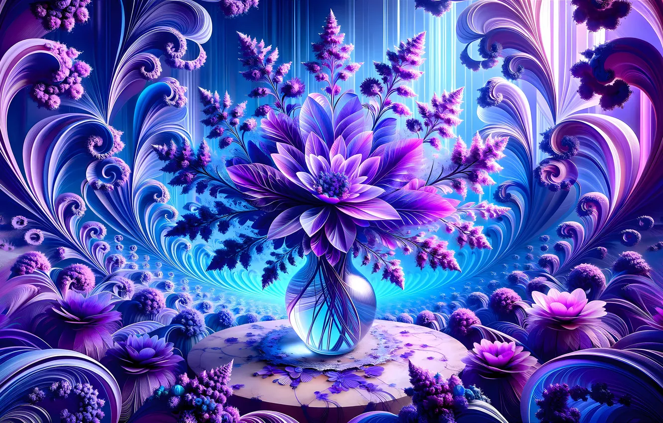 Photo wallpaper purple, flowers, curls, vase, fractal