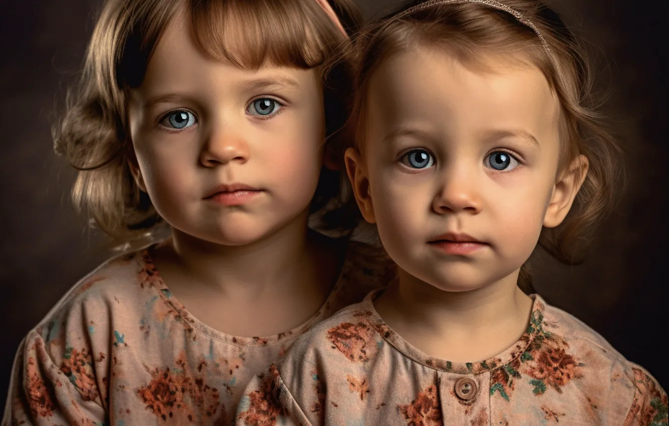 Photo wallpaper look, children, girls, portrait, girl, sisters, baby, two girls