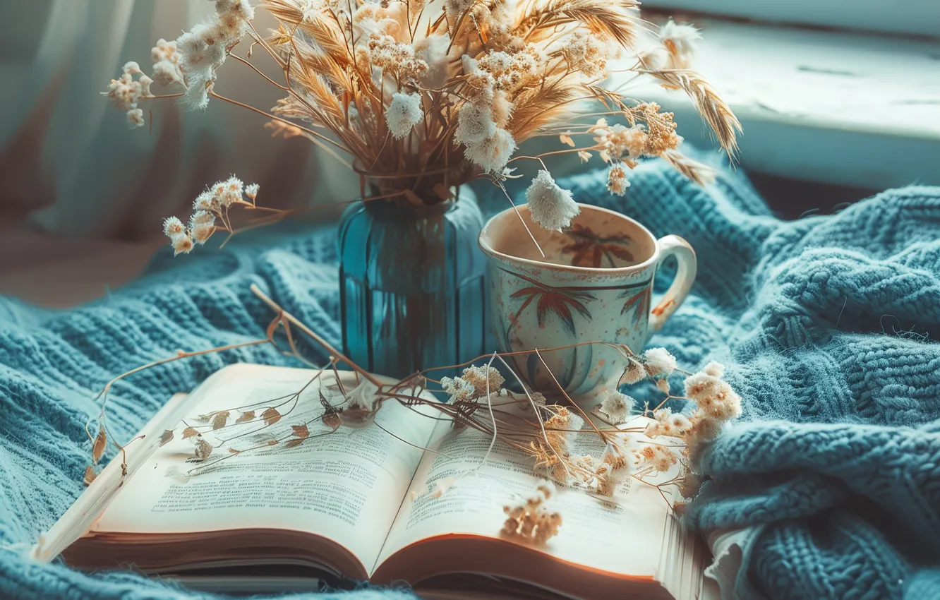 Photo wallpaper light, blue, bouquet, stem, blanket, spikelets, window, mug