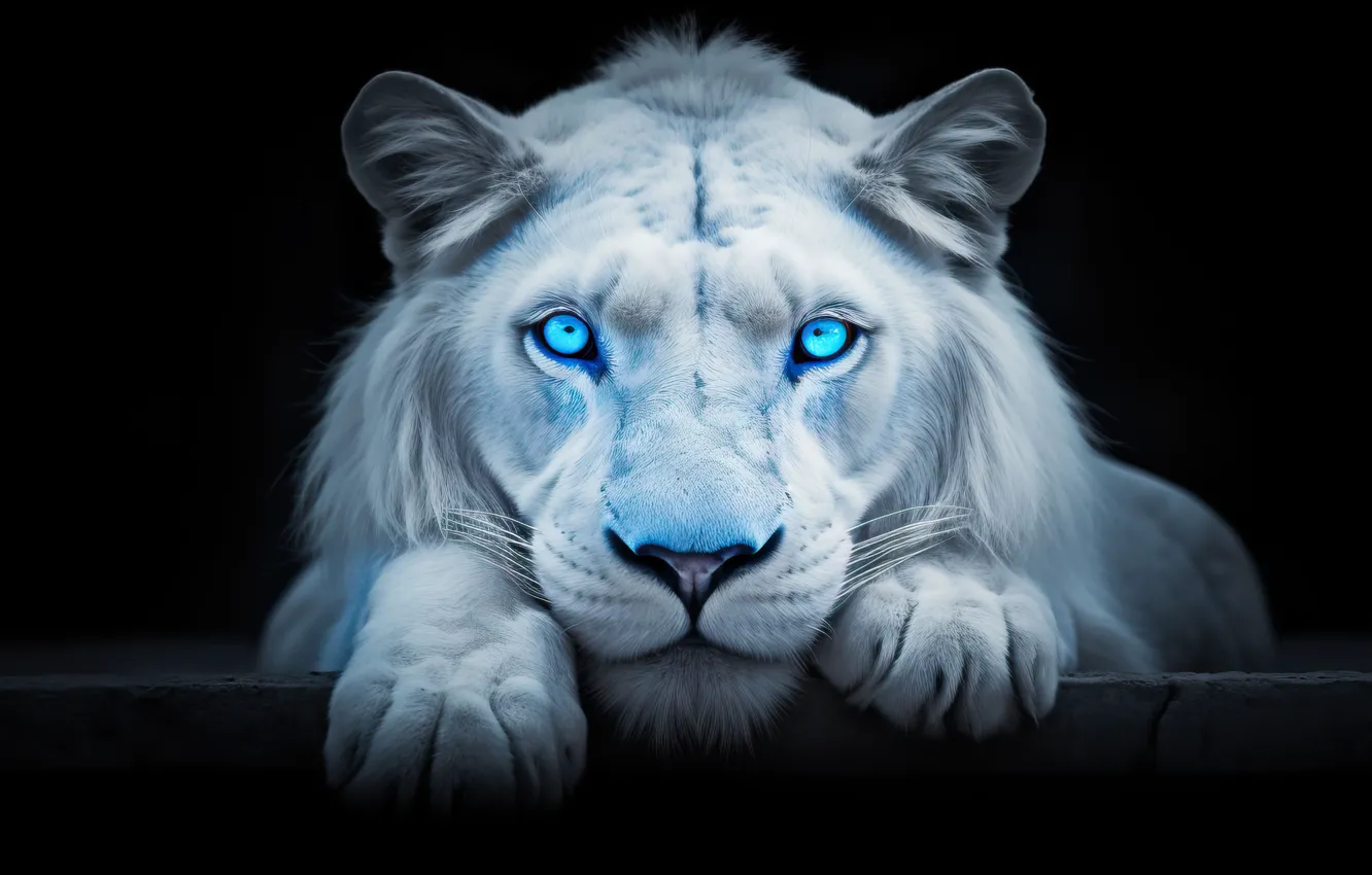 Photo wallpaper white, look, face, pose, portrait, Leo, blue eyes, wild cat