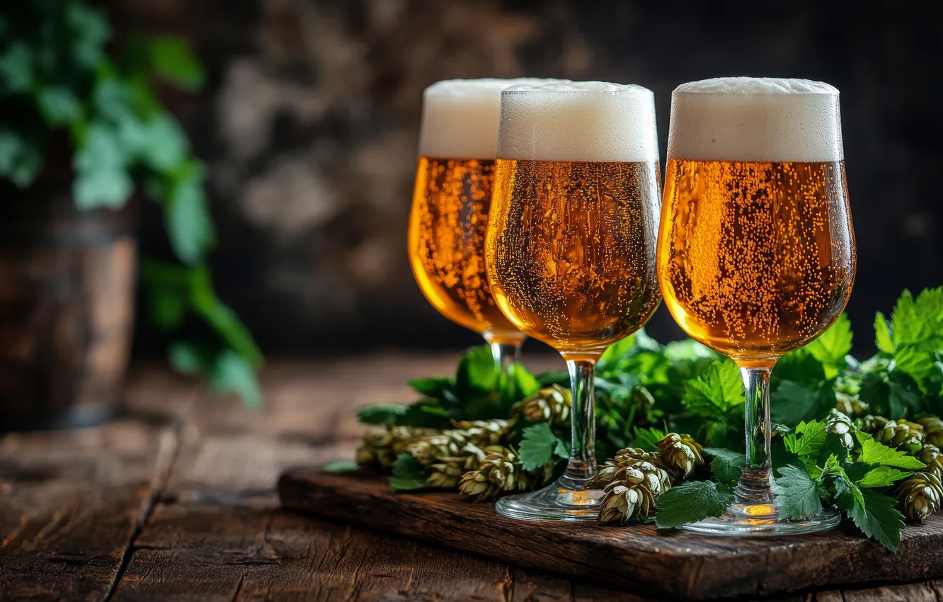 Photo wallpaper glass, foam, table, Board, glass, beer, hops, AI art