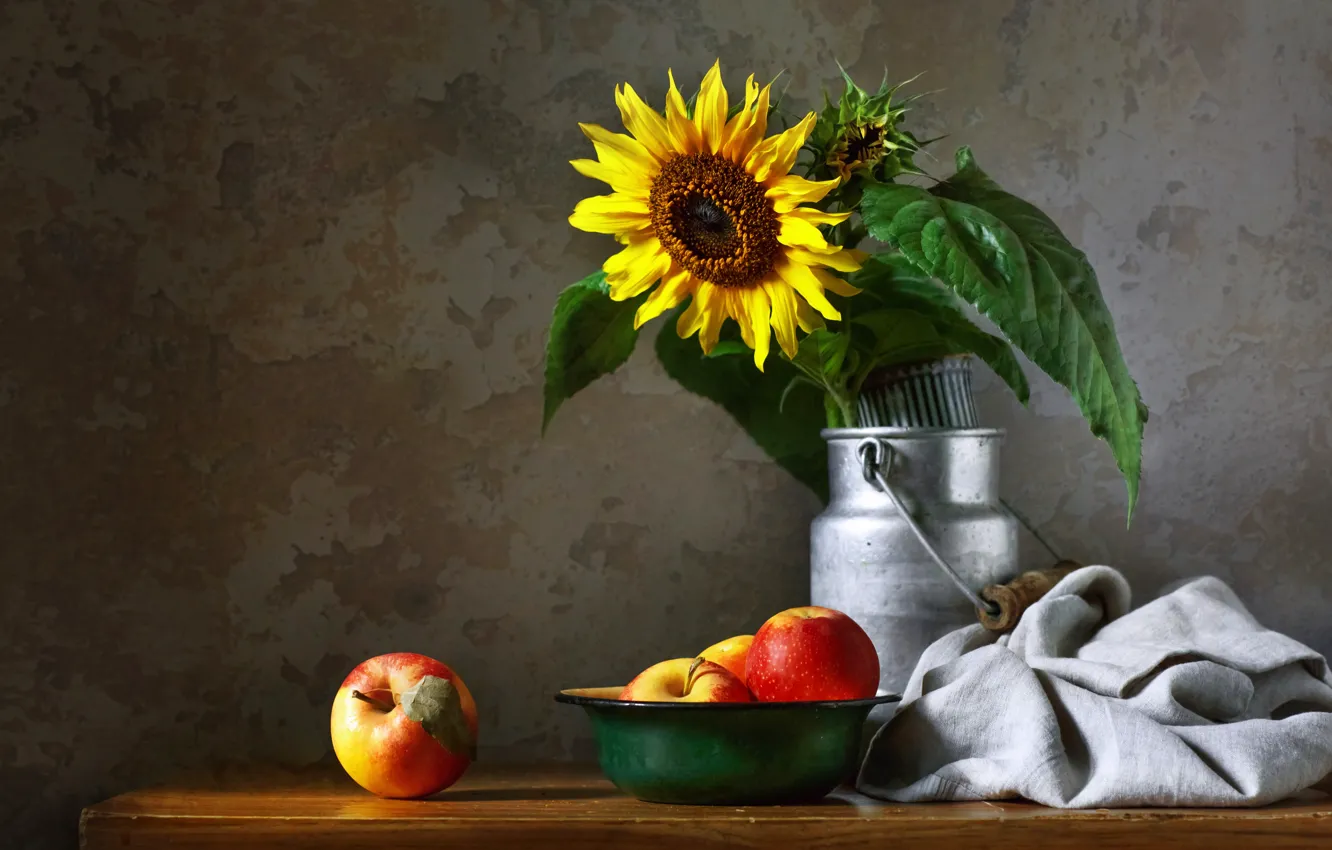 Photo wallpaper sunflowers, flowers, table, apples, bouquet, dishes, fabric, bowl