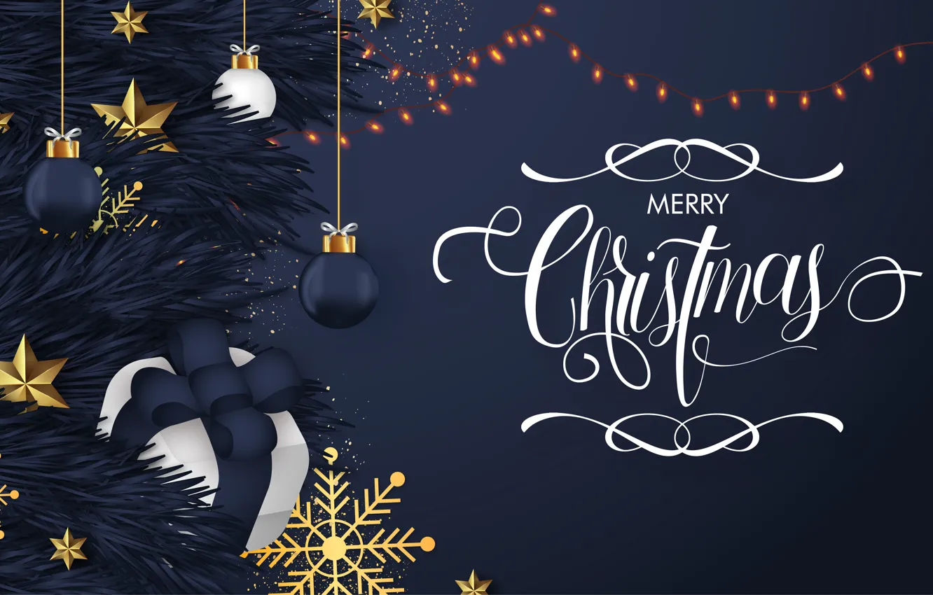 Photo wallpaper balls, snowflakes, gift, stars, Christmas, New year, tree, blue background