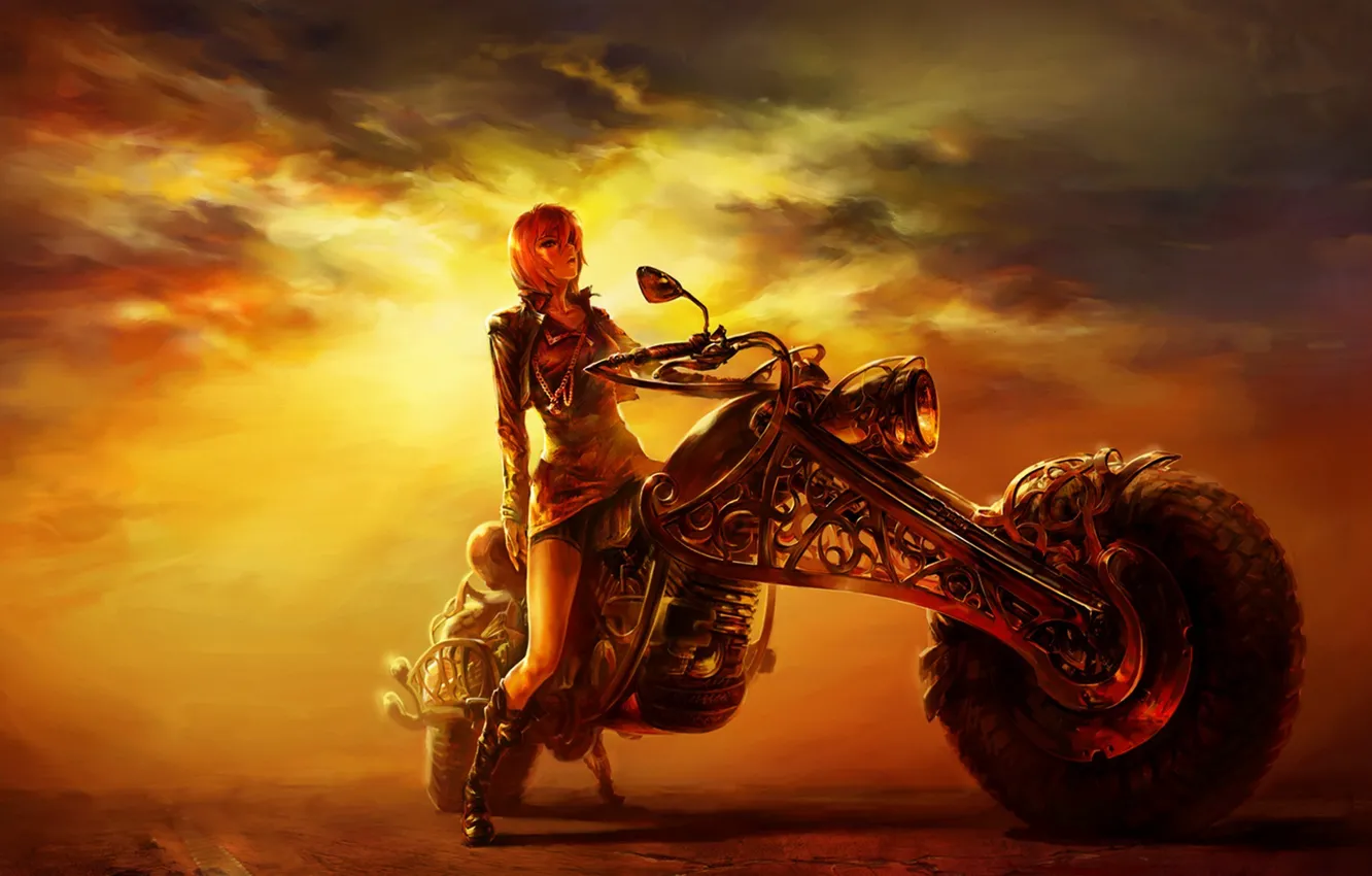Photo wallpaper road, girl, sunset, figure, the evening, motorcycle