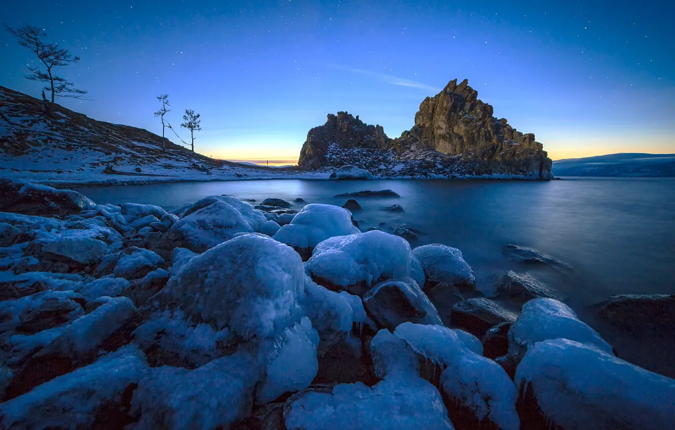 Photo wallpaper ice, winter, the sky, stars, snow, lake, blue, stones