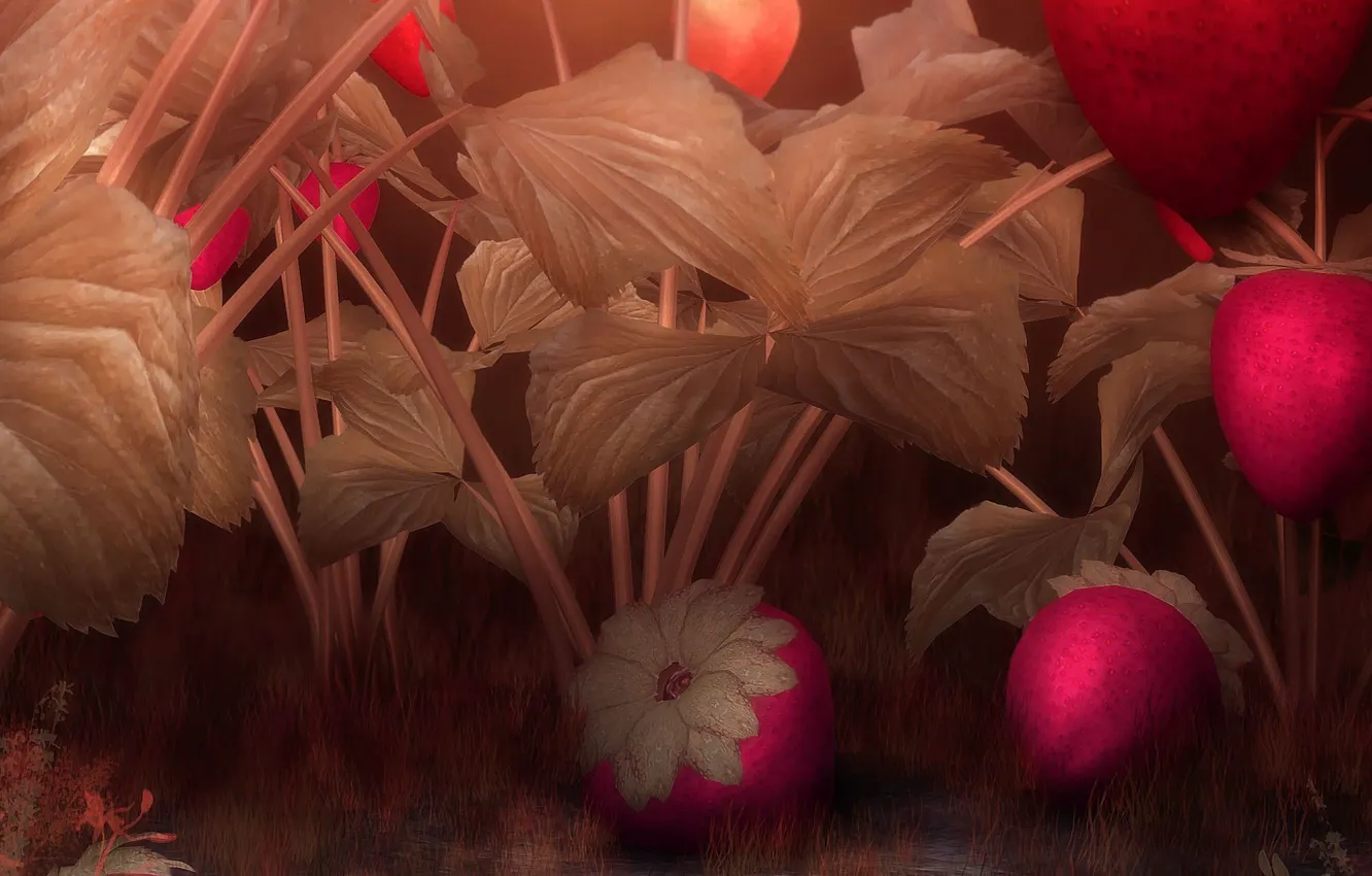 Photo wallpaper leaves, berries, thickets, berry, strawberry, the bushes, leaves, bushes