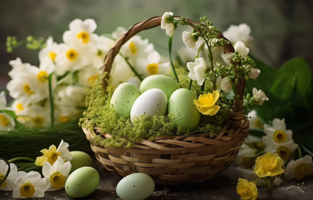 Photo wallpaper flowers, holiday, eggs, spring, Easter, painted, eggs, Easter