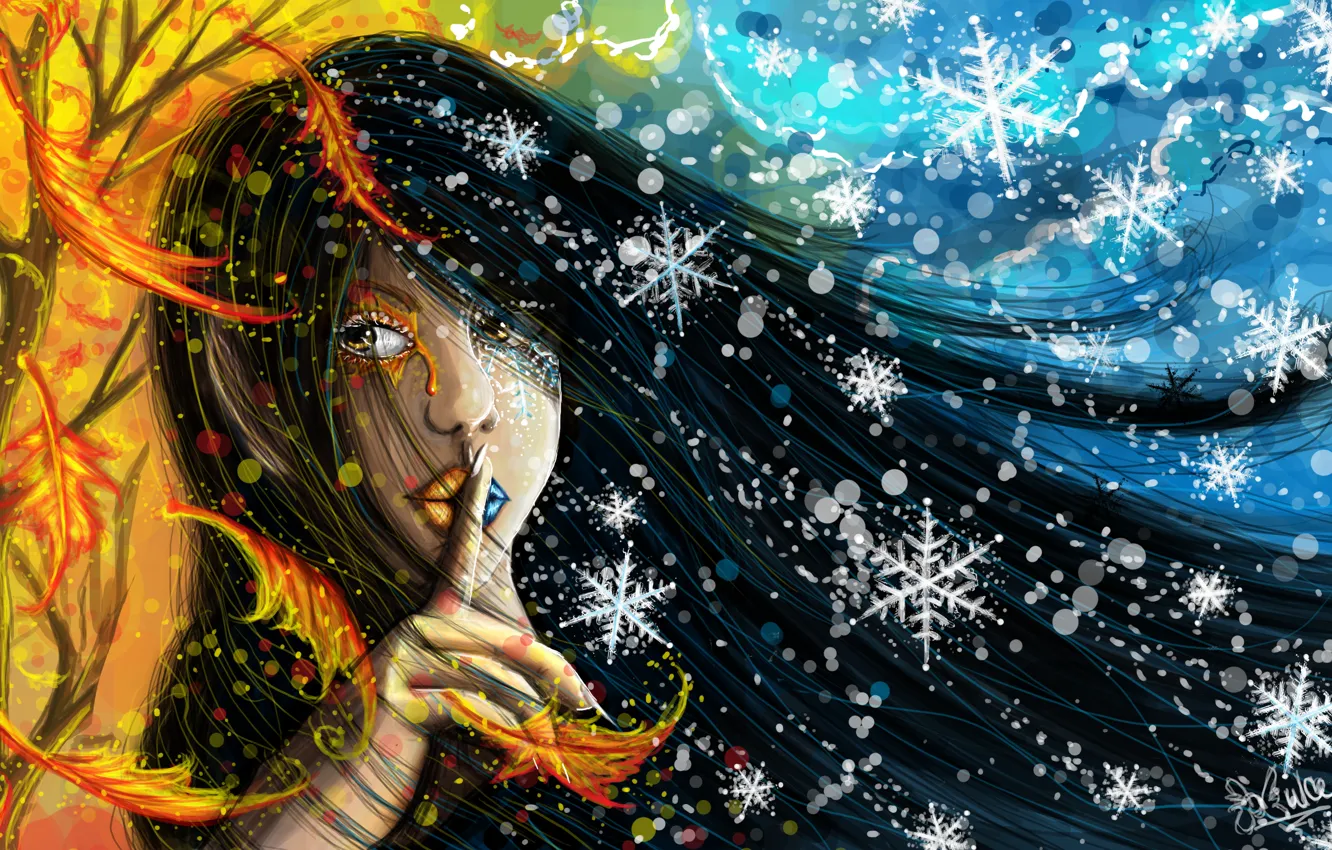 Photo wallpaper winter, autumn, look, leaves, girl, snow, snowflakes, yellow