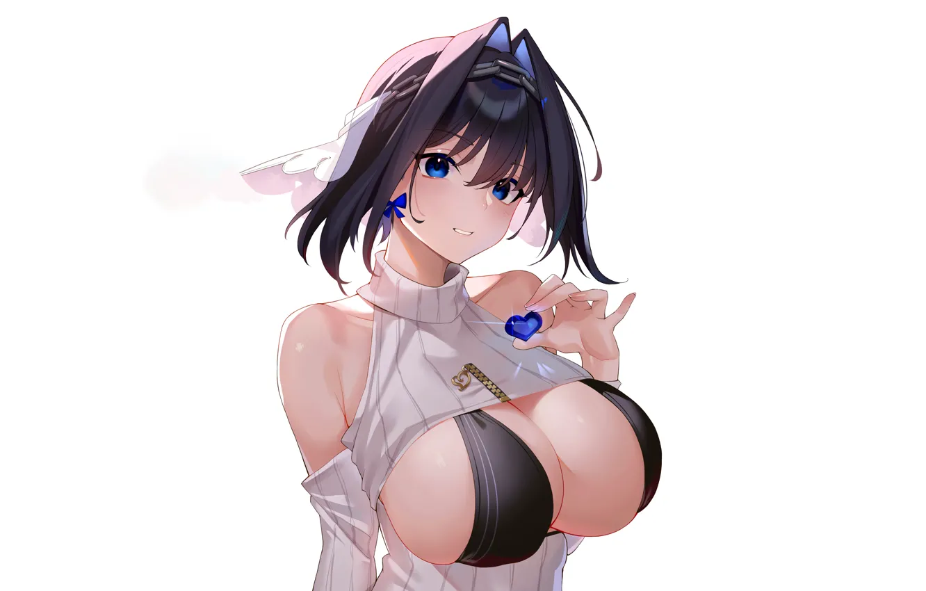 Photo wallpaper girl, sexy, cleavage, boobs, anime, blue eyes, beautiful, short hair