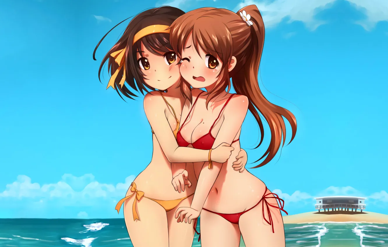 Photo wallpaper girl, sexy, cleavage, beach, long hair, sea, brown hair, brown eyes