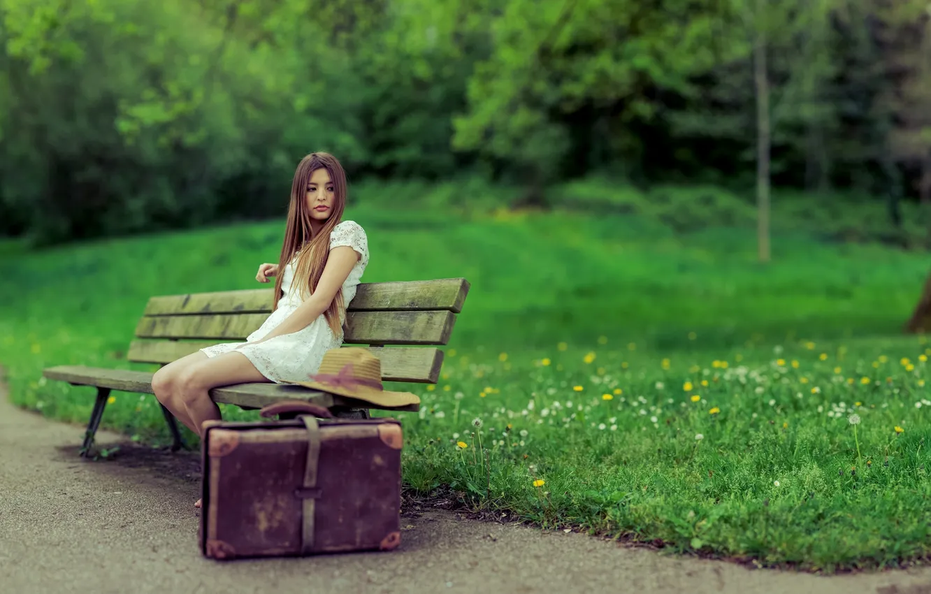 Photo wallpaper girl, Park, suitcase, bench