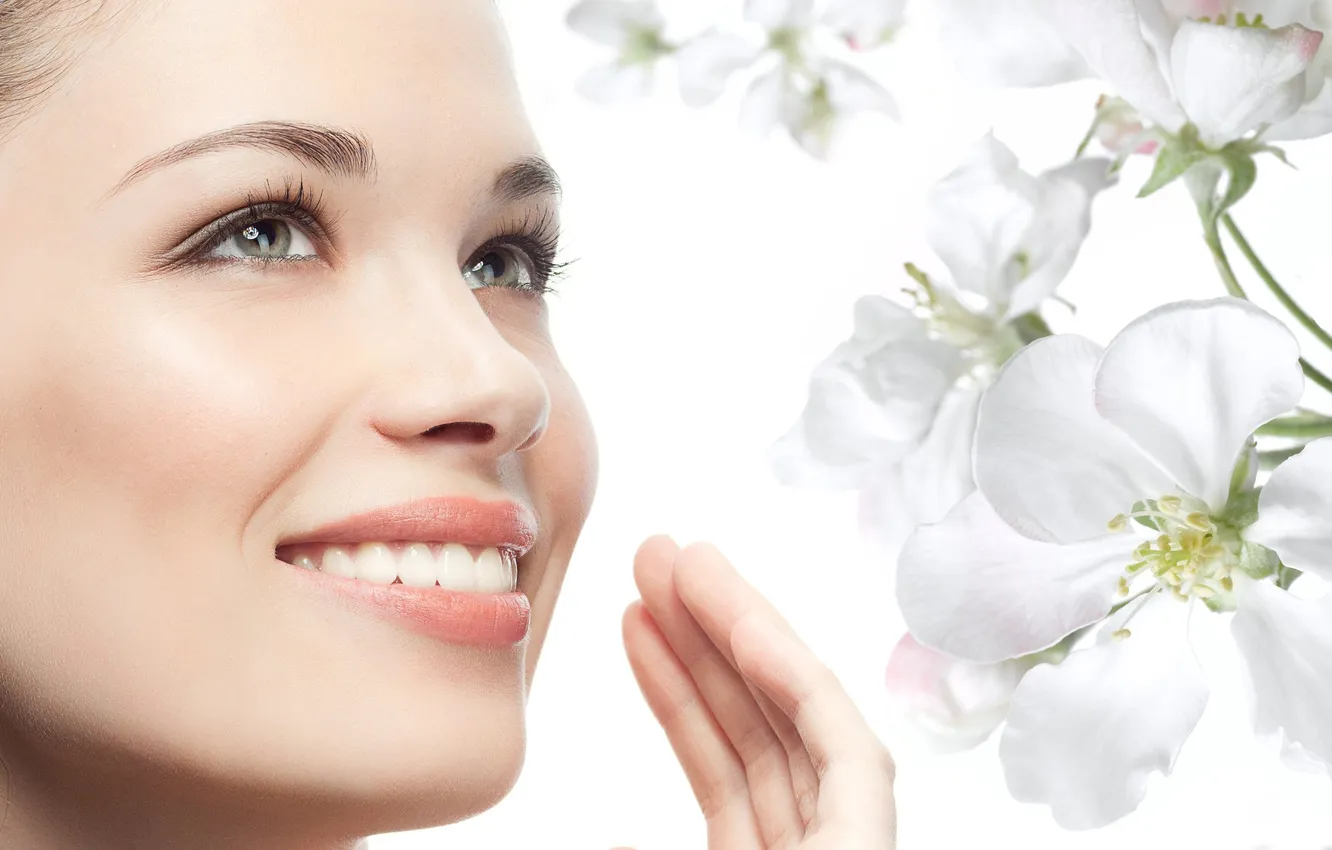 Photo wallpaper look, girl, flowers, smile