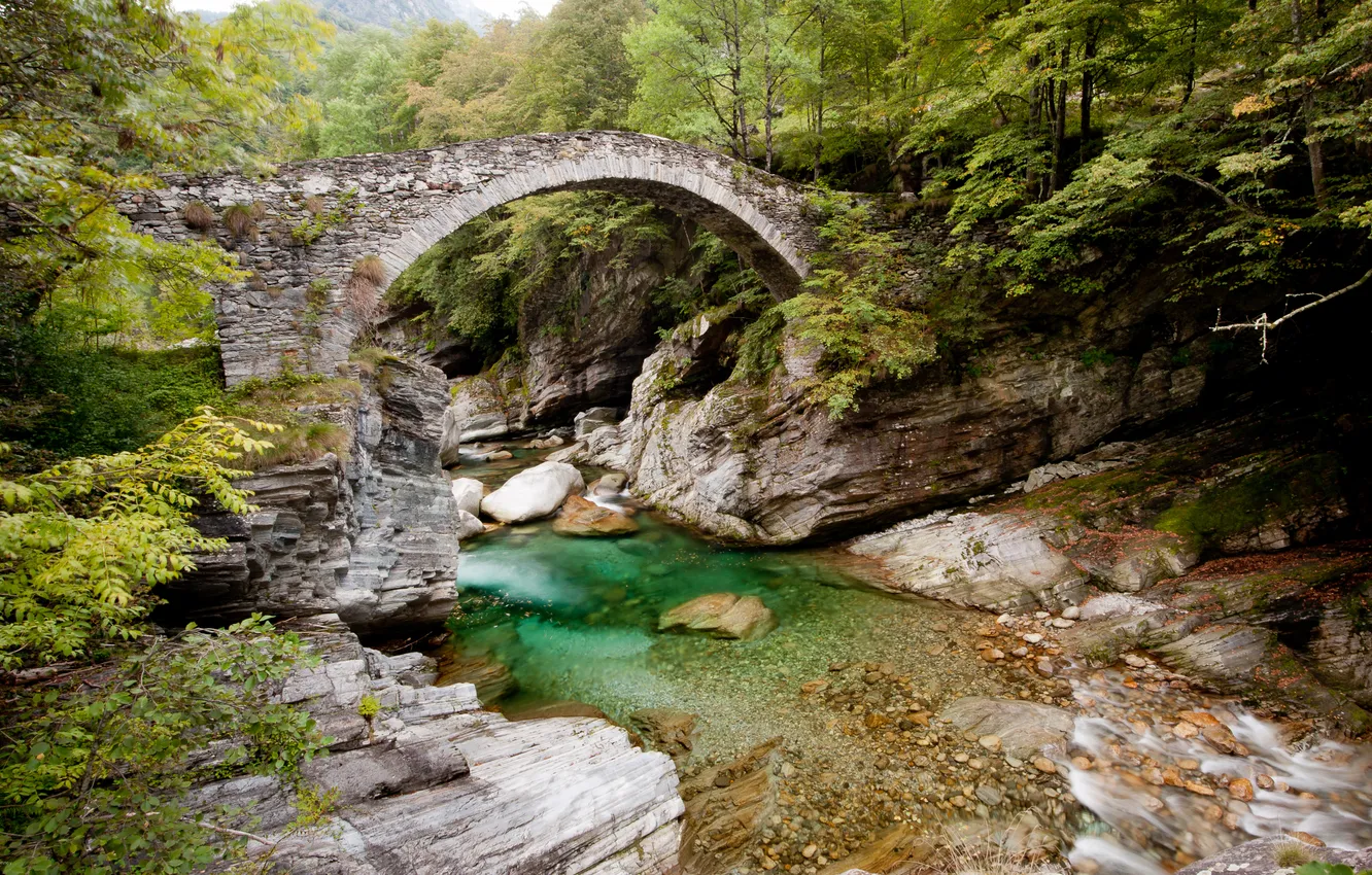 Photo wallpaper landscape, mountains, bridge, river