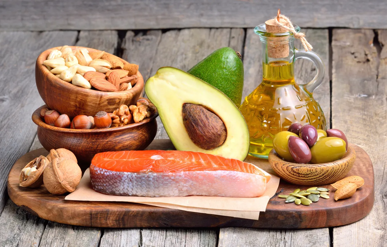 Photo wallpaper Board, oil, fish, nuts, olives, nuts, fish, avocado