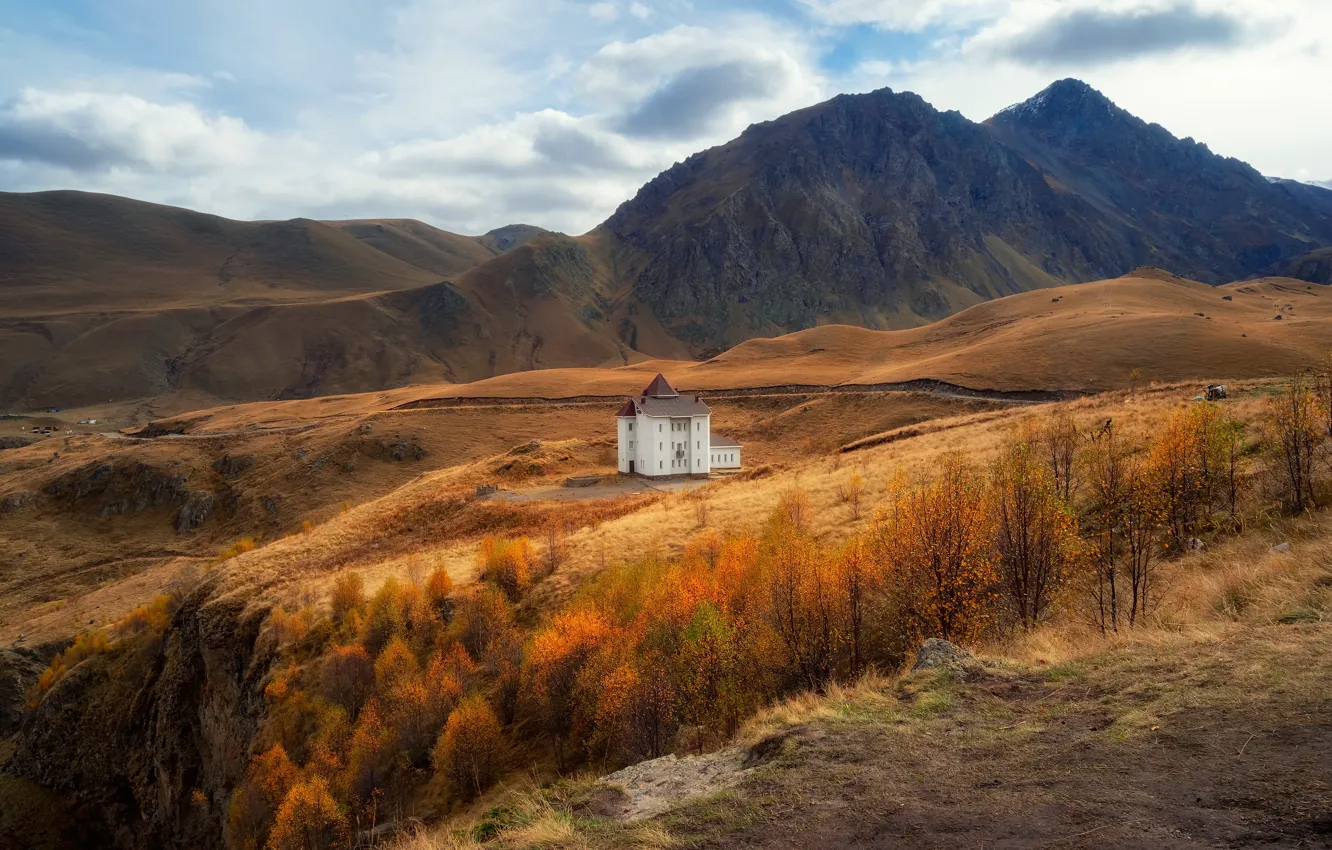 Photo wallpaper autumn, mountains, home, slope, mansion