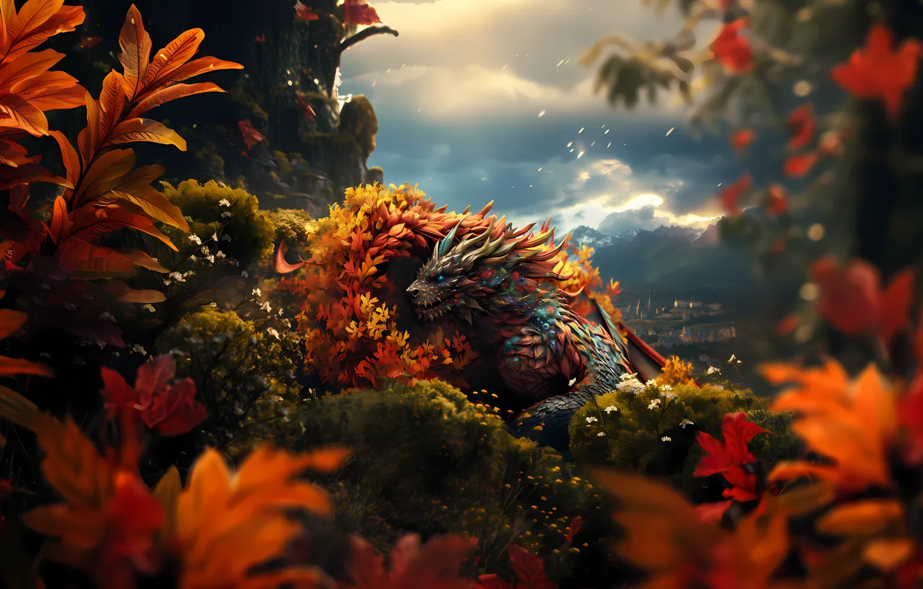 Photo wallpaper autumn, face, leaves, clouds, mountains, branches, nature, hills