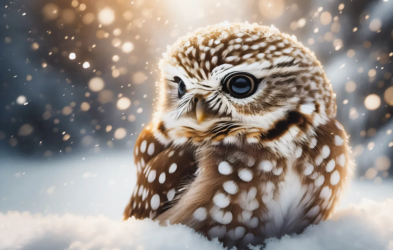 Photo wallpaper winter, snow, owl, bird, owl, AI art, neural network