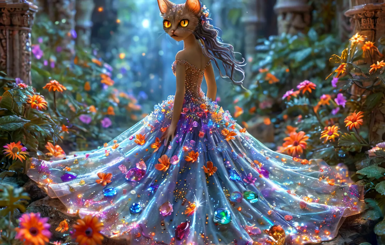 Photo wallpaper cat, girl, dress, art, AI ART