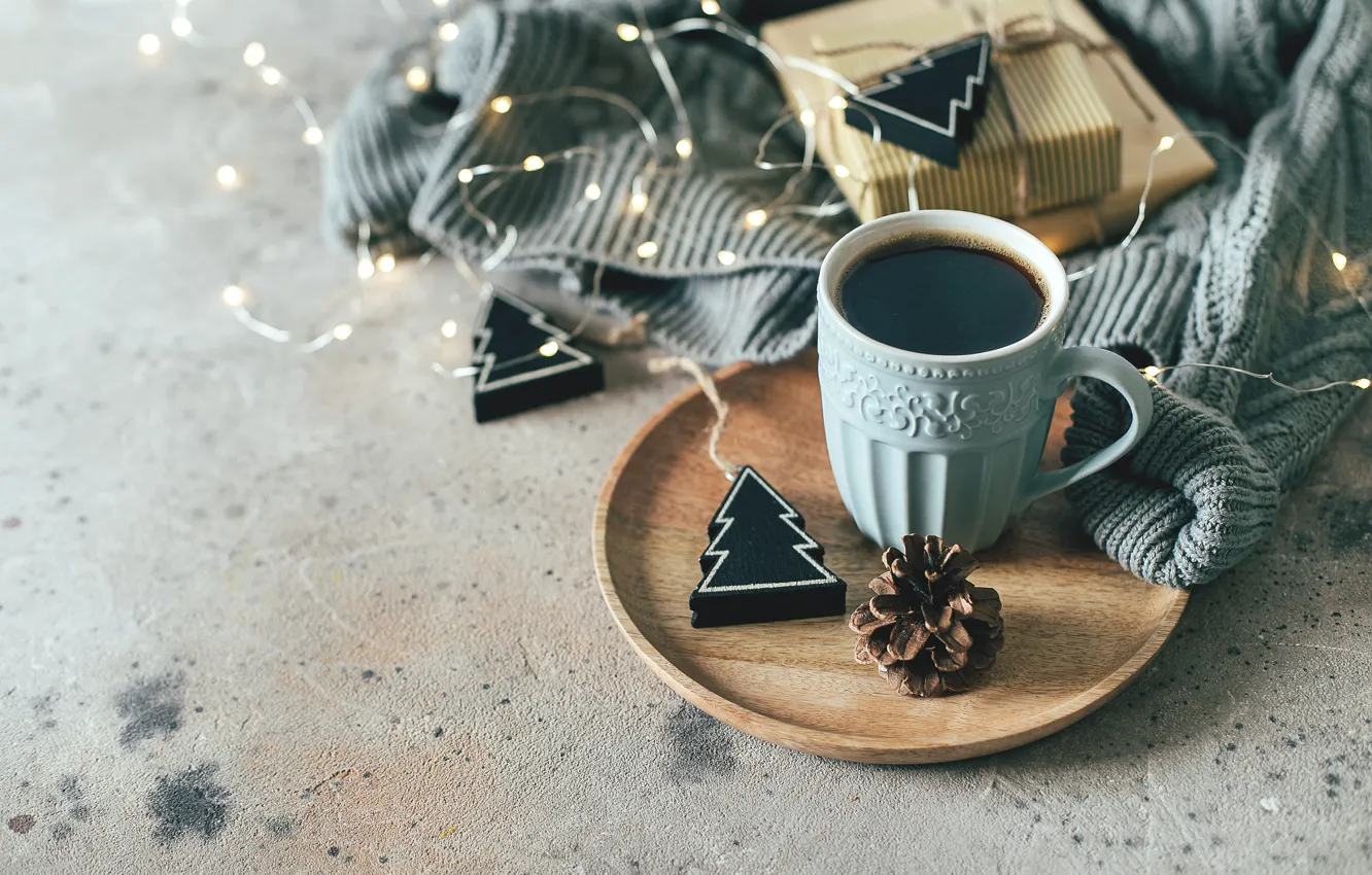 Photo wallpaper box, new year, coffee, Christmas, Cup, drink, garland, herringbone