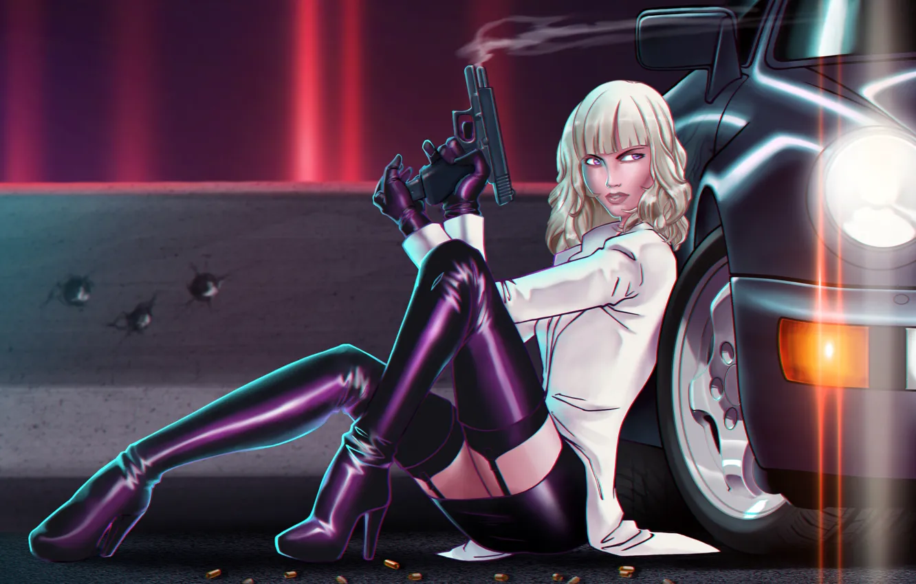 Photo wallpaper girl, gun, Charlize Theron, Porsche, heels, Lorraine Broughton, Atomic Blonde