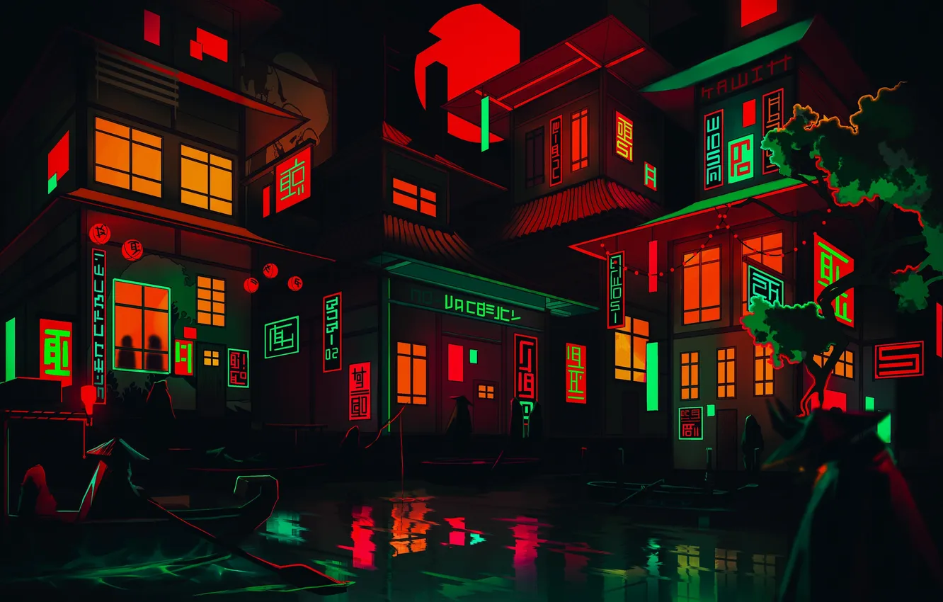 Photo wallpaper night, river, the moon, boat, minimalism, neon, silhouette, moon