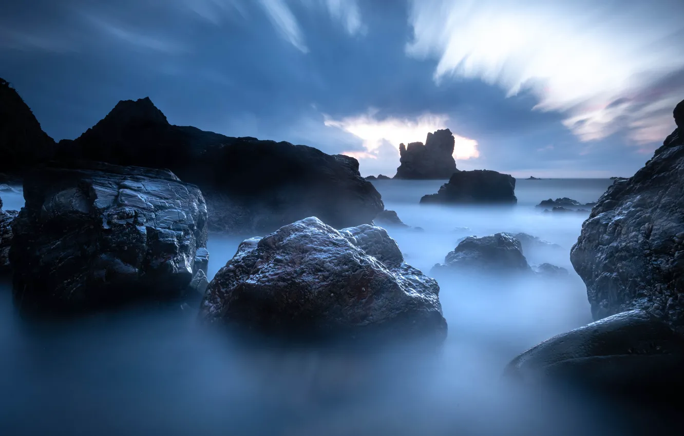 Photo wallpaper sea, clouds, fog, stones, rocks, shore, boulders