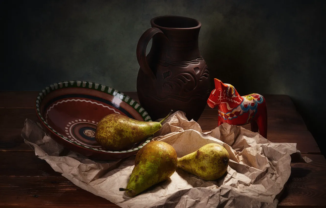 Photo wallpaper style, retro, paper, the dark background, table, toy, food, dishes