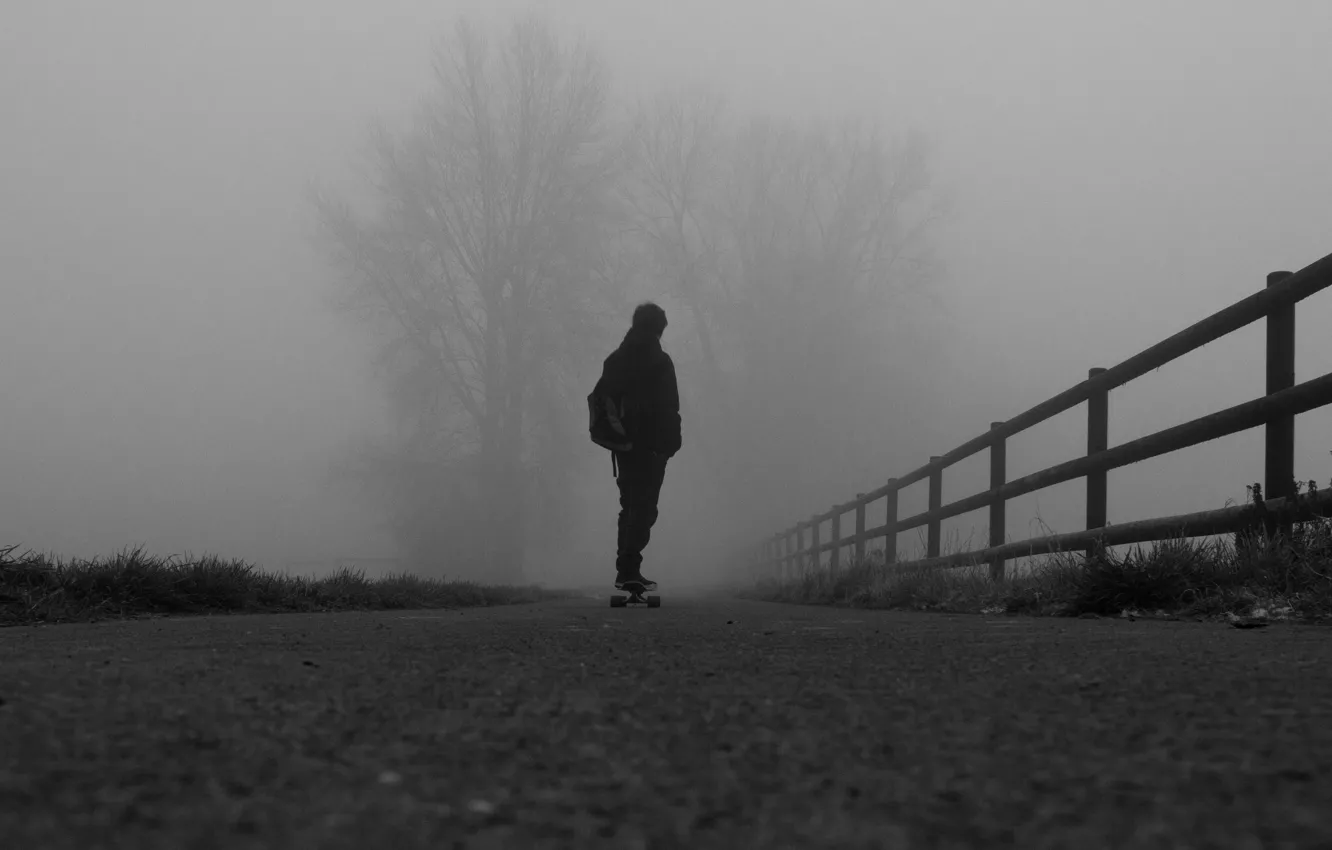 Photo wallpaper road, autumn, fog, people, road, autumn, fog, skateboard