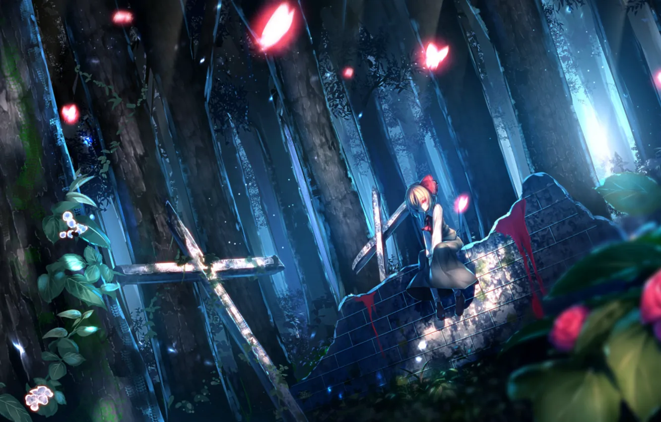 Photo wallpaper forest, night, blood, cross, cemetery, red eyes, headstone, Touhou